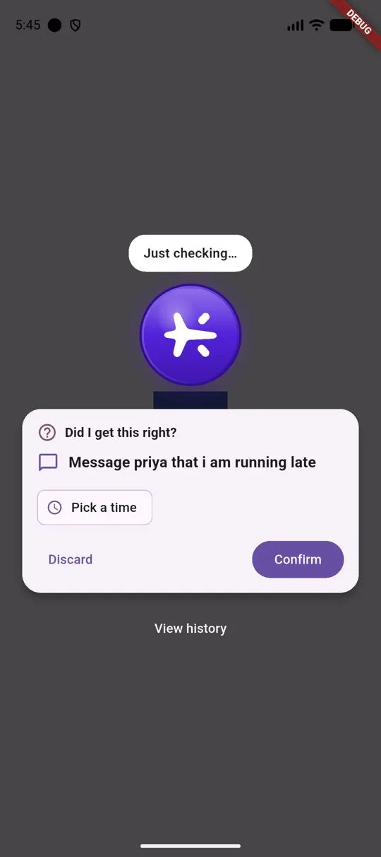 Voice action, confirmed before it runs screen in the Riloya app