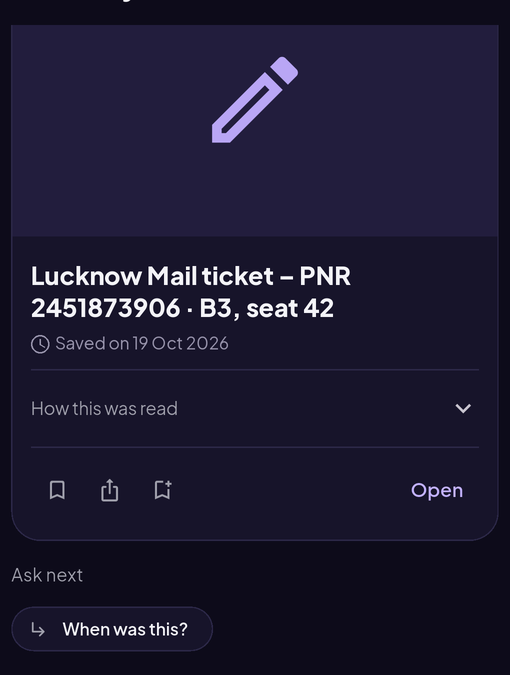 Ask Riloya का जवाब: Lucknow Mail ticket, PNR 2451873906, B3 seat 42, Saved on 19 Oct 2026