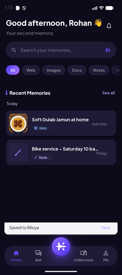 Riloya home screen पर नई memory Soft Gulab Jamun at home, Web tag, और नीचे Saved to Riloya message