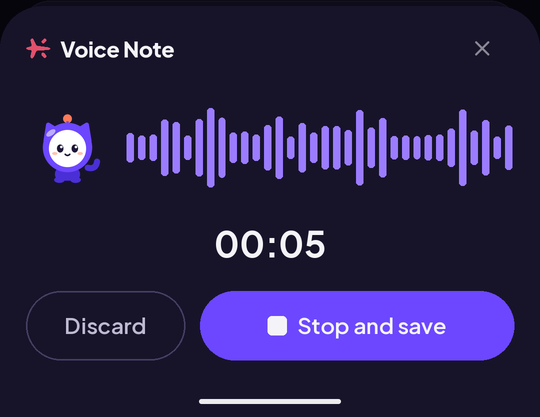Riloya app की Voice Note screen: recording चल रही है, companion और waveform, timer 00:05, Discard और Stop and save buttons