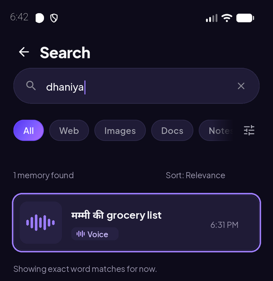 Riloya Search screen में dhaniya लिखा, नतीजा: मम्मी की grocery list, Voice, 6:31 PM