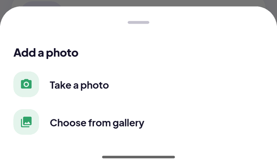 Riloya app की Add a photo sheet: Take a photo और Choose from gallery